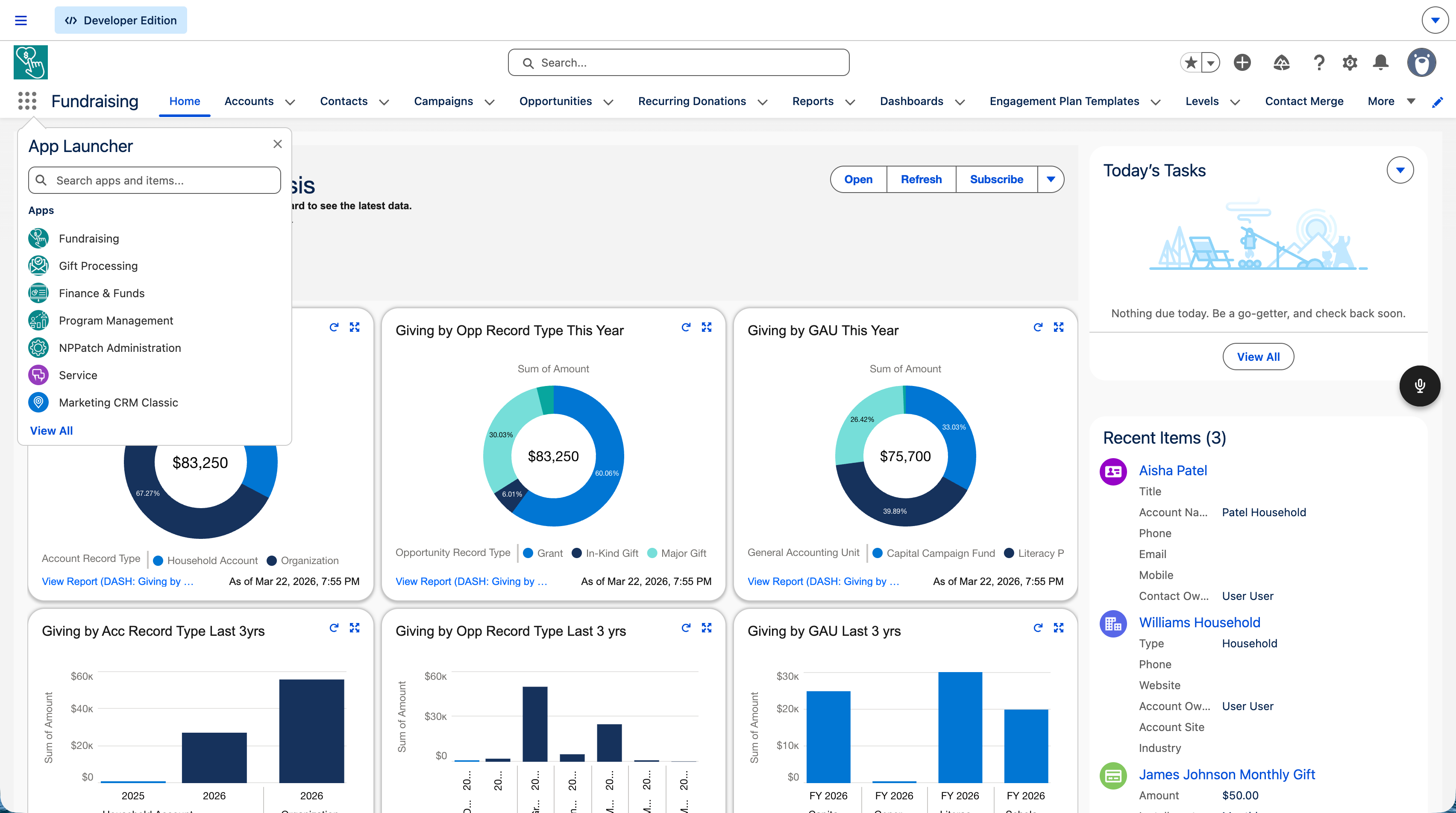 App Launcher showing Fundraising, Gift Processing, Finance & Funds, Program Management, and NPPatch Administration apps