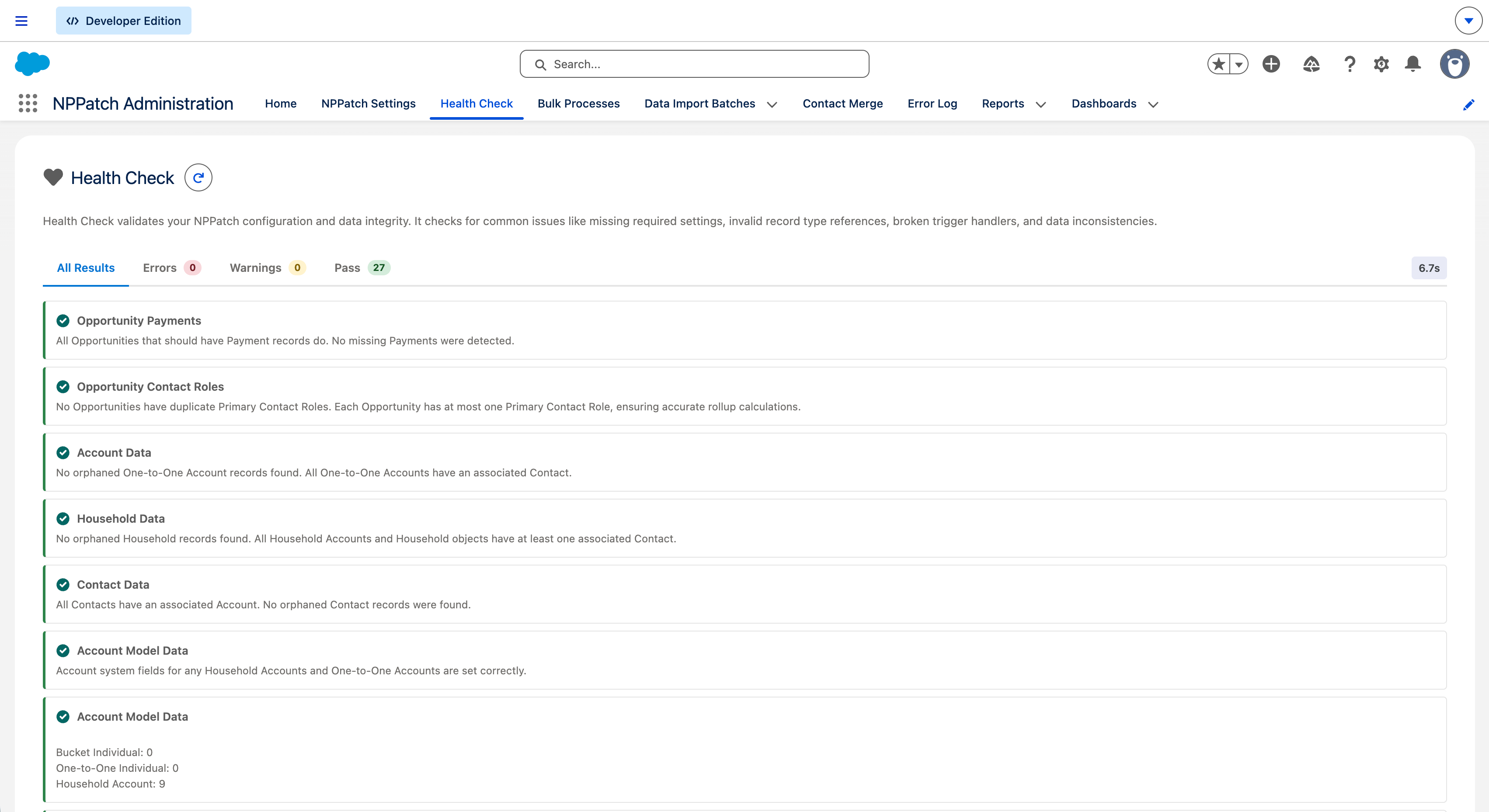 Health Check showing 27 passing checks with human-readable descriptions, organized in tabs with auto-run timing