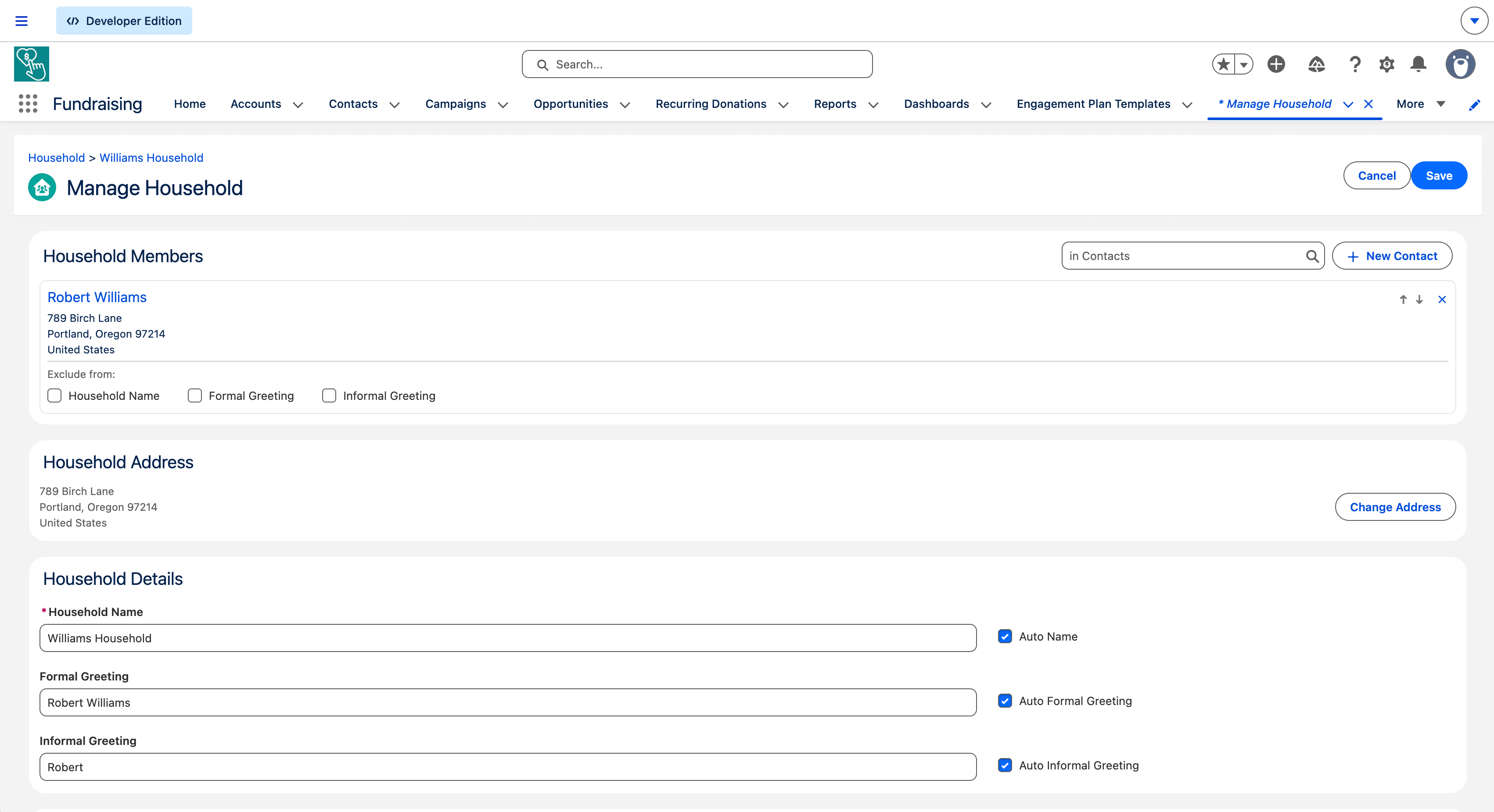 Manage Household page showing household members, address, naming fields, and reorder controls