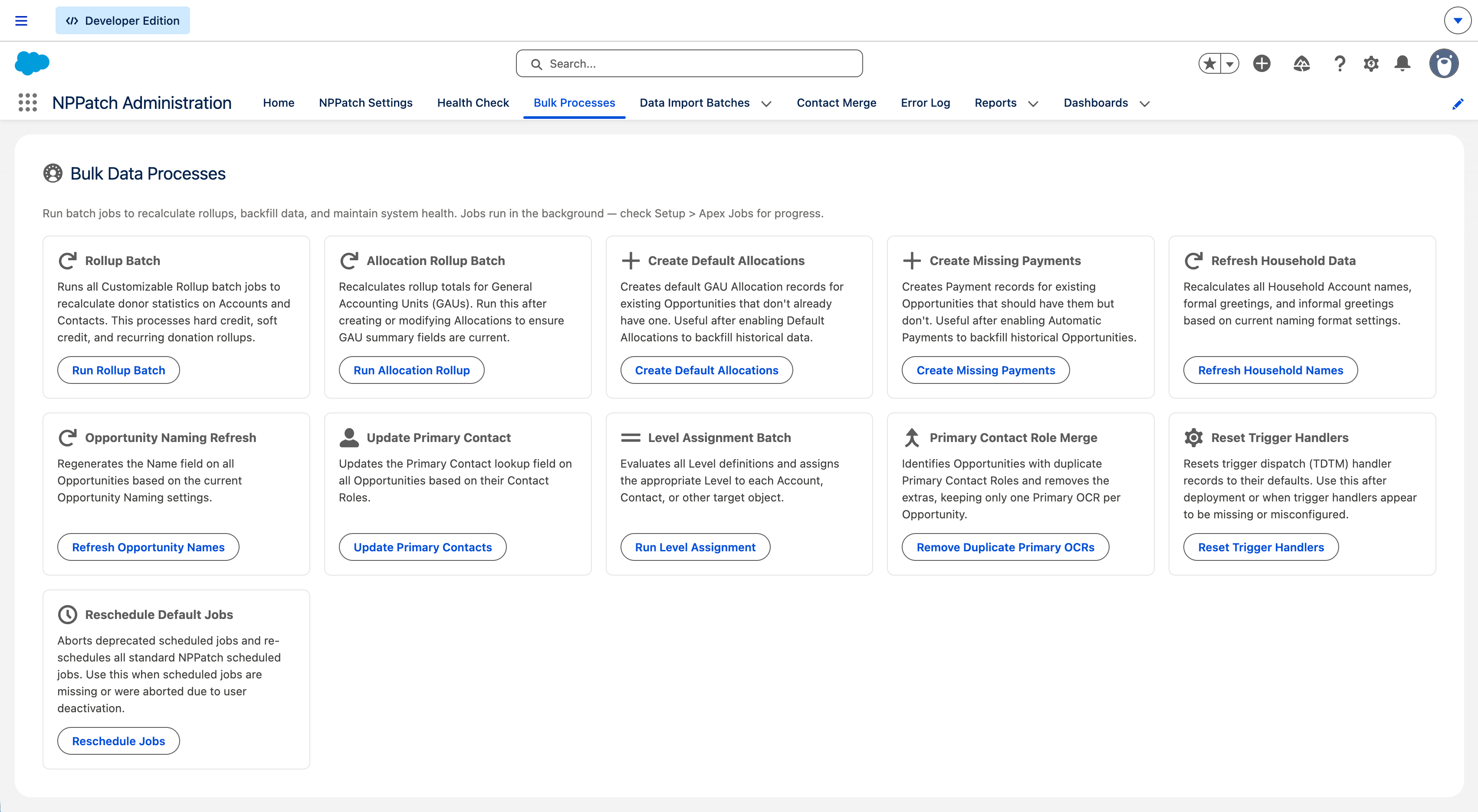 Bulk Data Processes page with one-click actions for rollups, allocations, payments, and more