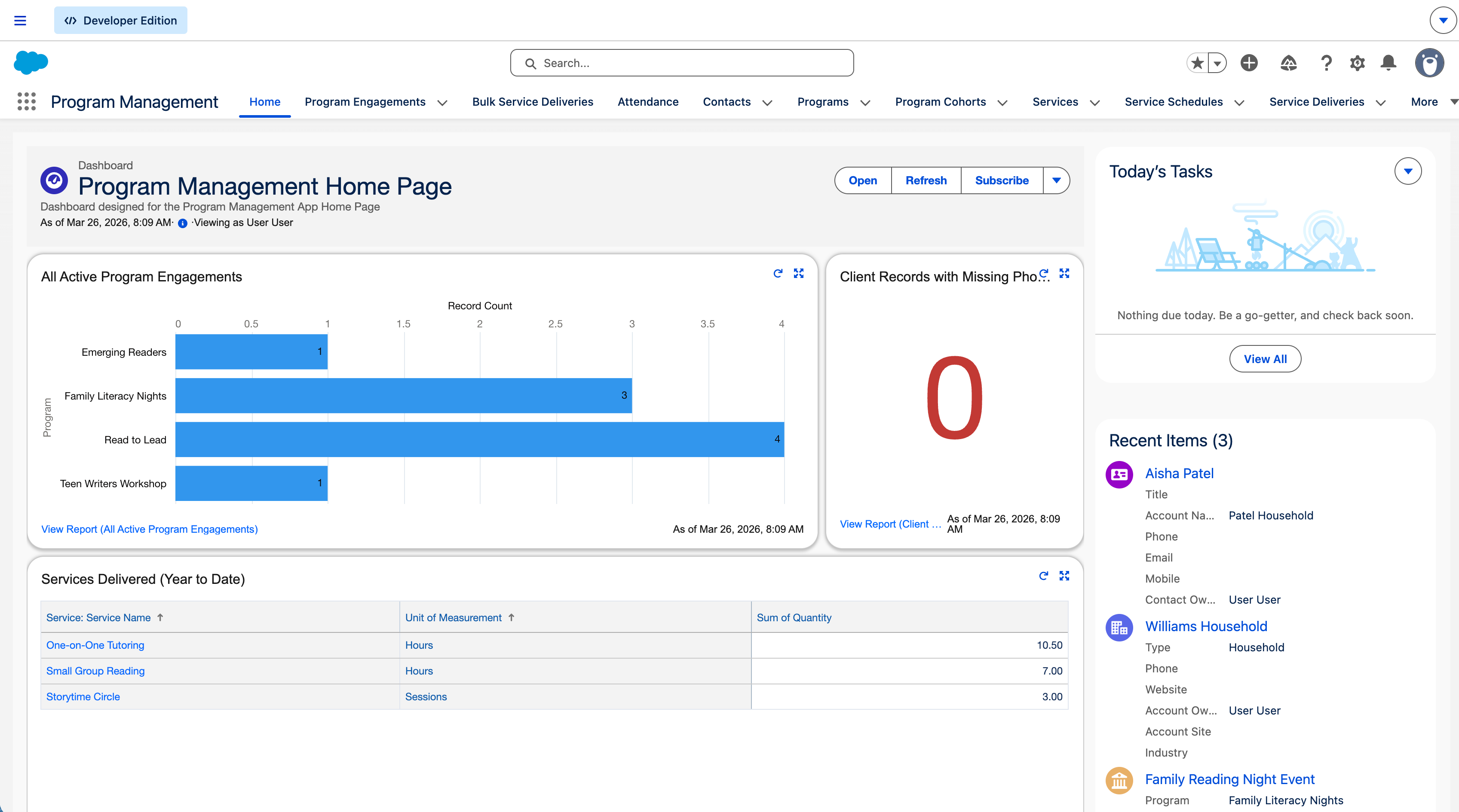 Program Management home page with Active Program Engagements chart and Services Delivered table