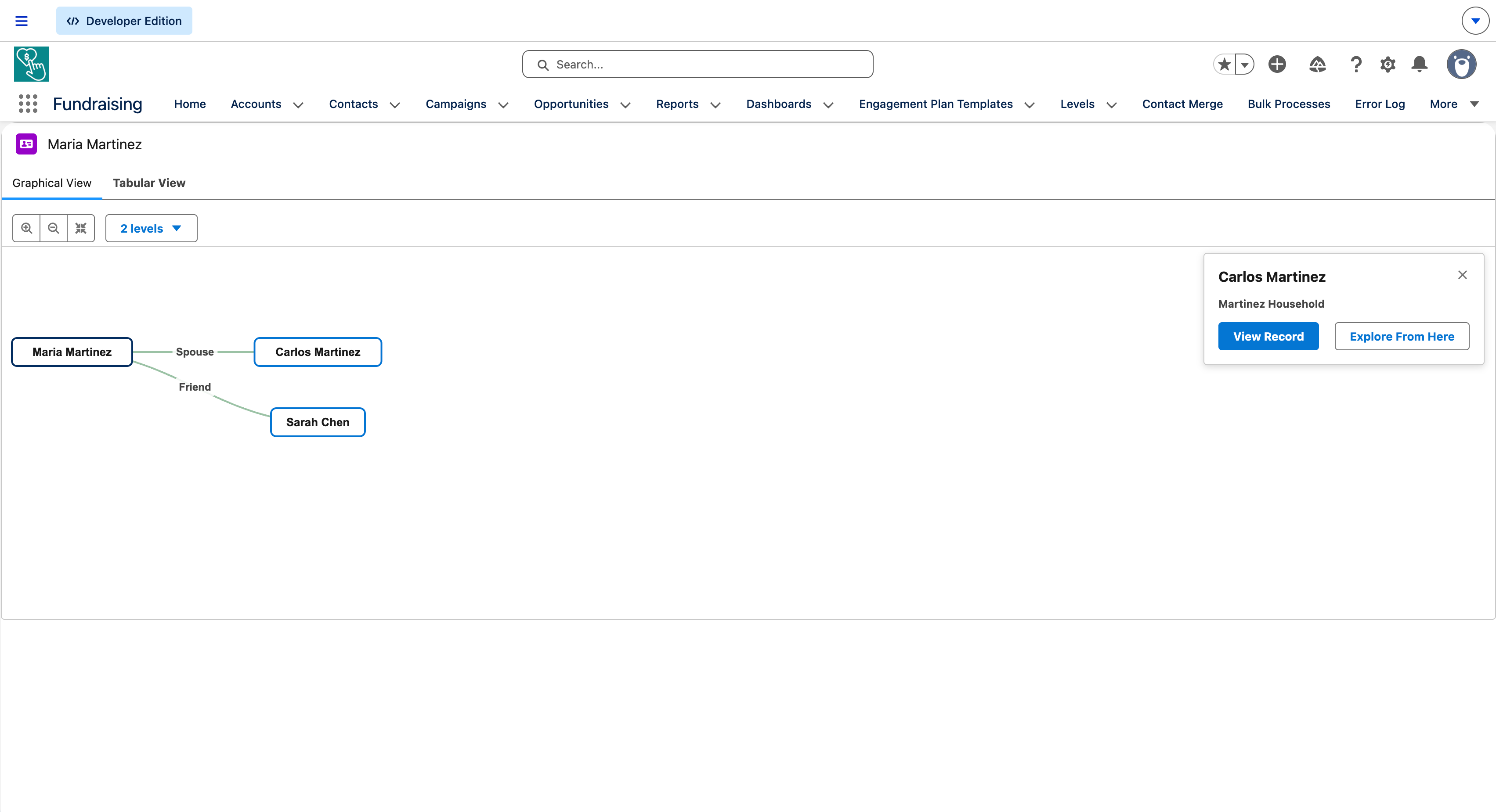 D3 network graph for Maria Martinez showing Spouse and Friend relationships with click-to-inspect detail panel