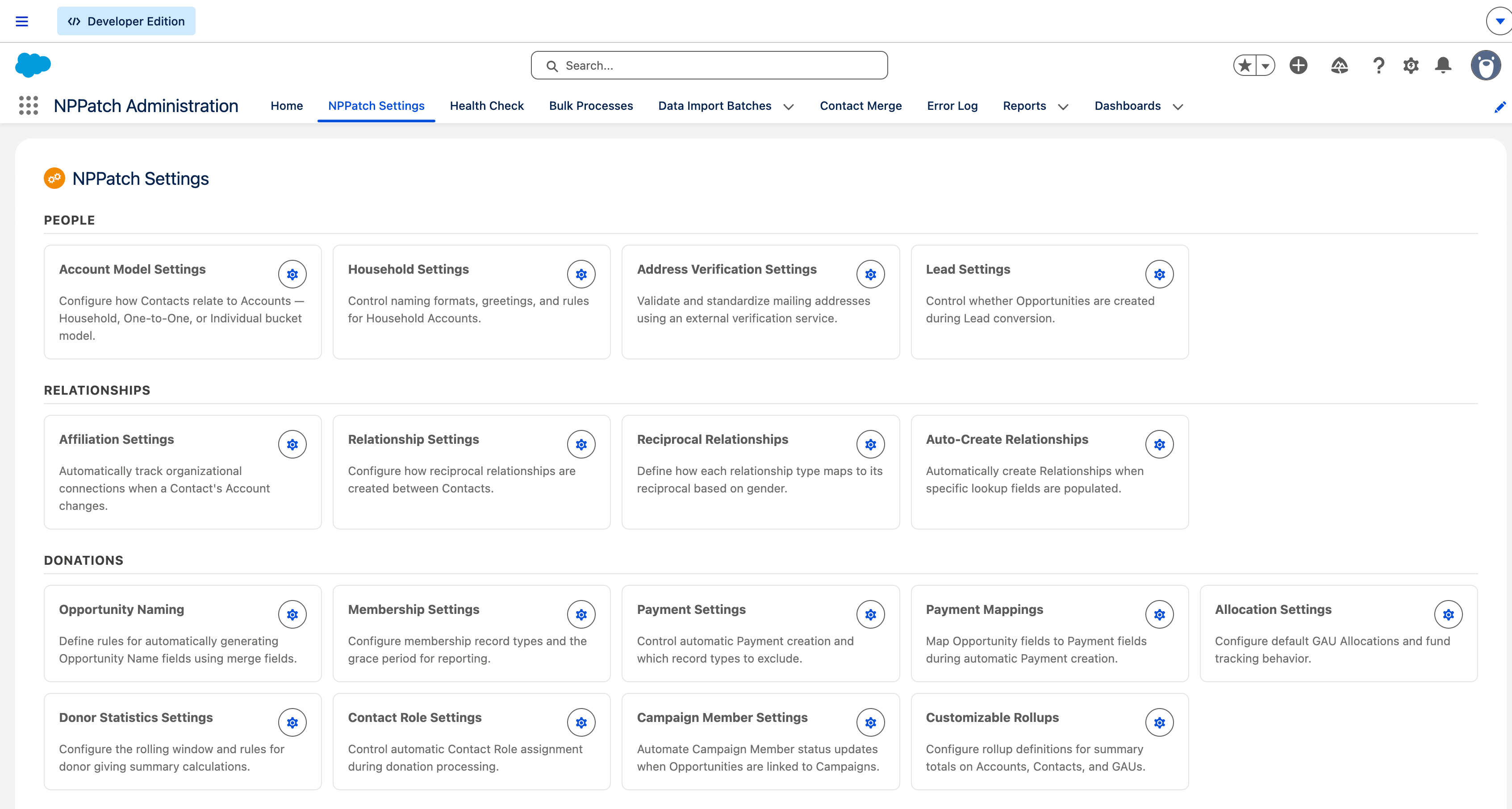 NPPatch Settings page organized by category — People, Relationships, Donations — with description cards for each settings panel